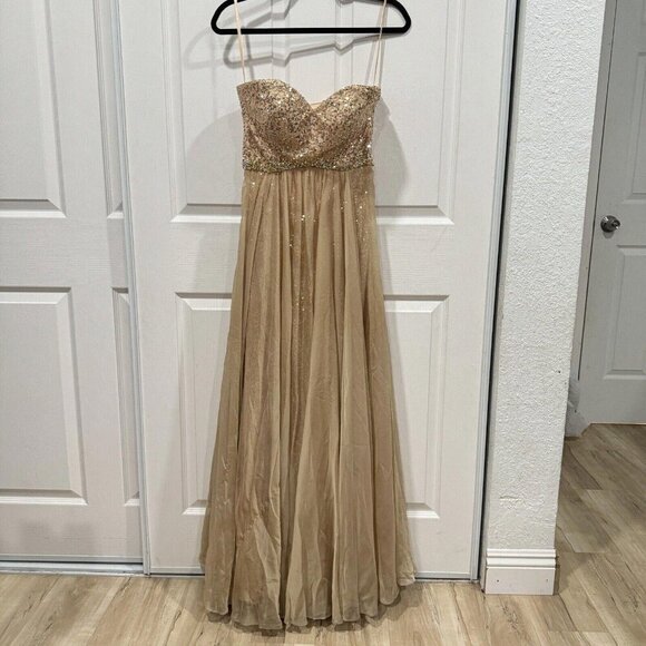 La Femme Gold Dress Flare Sequence Bling Prom Wedding Size 6 Fancy Luxury Pretty - Picture 5 of 15